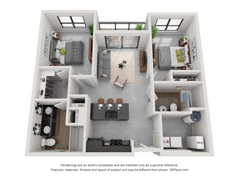 A 3D floor plan of a house with a kitchen, living room, and two bedrooms.